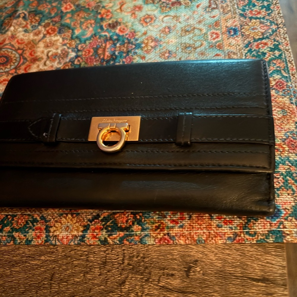 Salvatore Ferragamo Black Leather Wallet with Gold Accent